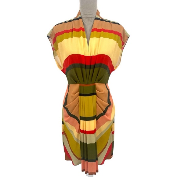 Toccin NYC Sarong Dress Multicolor Striped Pleated Front Sheath Dress Size 4 - Picture 2 of 11